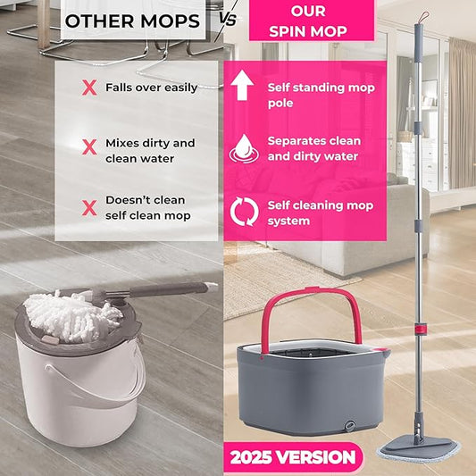 Square Spin Mop & Bucket Smart Floor Mop, Separate Compartments for Clean and Dirty Water, Self Cleaning w/Sweeper Attachment 2025 Upgraded Version w/Side Brush & Self-Standing 360° Rotating Handle