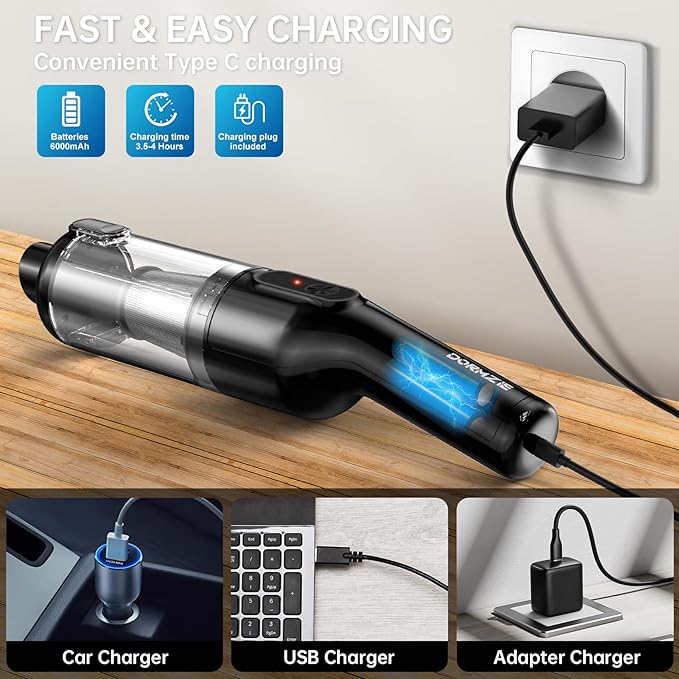 Handheld Vacuum Cordless, Car Vacuum with 16000Pa Powerful Suction, Lightweight at 1.3 lbs, Type-C Charge, Multiple Accessories, Rechargeable Vacuum Cleaners for Home Office Car Pet