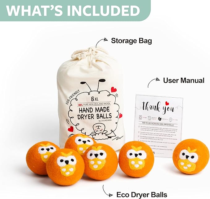 Calindiana 100% Organic Premium New Zealand Wool Dryer Balls Laundry Reusable Fabric Softener, Cute Dryer Sheets Alternative, Anti Static XL Size 6 Pack, Orange Owl