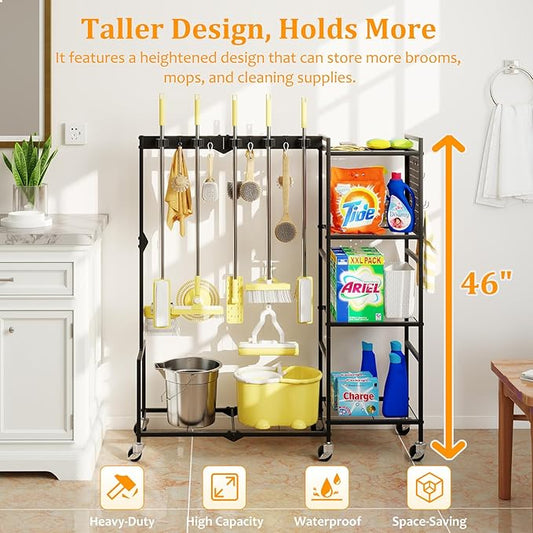 46" H Broom Holder with Cleaning Supplies Organizer, Mop Rack Storage with 4-Tier Shelves, 10 Gripper Clips, 4 Double-Hooks, 3 Hooks, Metal Utility Carts on Wheels for Home Essentials, Black