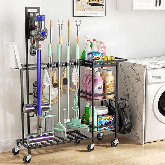 Housolution Cleaning Utility Cart on Wheels, Multifunctional Cleaning Tools Supplies Organizer with Broom and Mop Holder, Vacuum Stand Compatible with Dyson, Rolling Storage Cart for Home