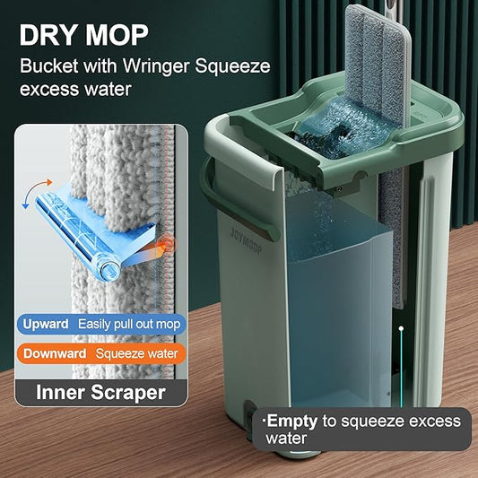 JOYMOOP 8L Large Capacity Flat Mop System (Light Green) with Extension Handle, Ideal for Floor, Window, and Wall Cleaning - Includes 3 Washable Microfiber Pads for Wet and Dry Use