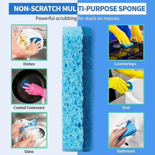 HOMERHYME Non-Scratch Cellulose Scrub Sponges 24 Pack, Kitchen Sponge with Double-Side & Ergonomic Design. Sturdy Sponge for Dishes, Coated Cookware, Sink, Countertops.