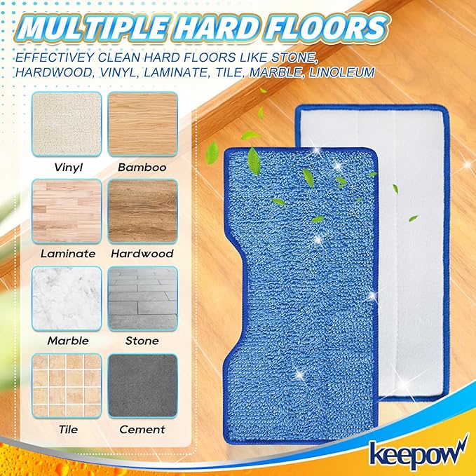 KEEPOW Reusable Mop Replacement Pads Compatible with Shark Vac Mop VM252 VM200 VM401 VM180 VM252GN VC205 VM250, Vacuum Mop Pads Refills for Hardwood Floor with Upgraded Dirt Chamber, Blue, 6+4+2 Pack