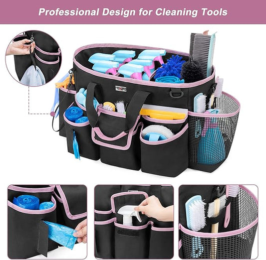 LoDrid Cleaning Caddy Bag with Handle and Shoulder Strap, Cleaning Supplies Organizer for Cleaning Work with 3 Compartments and Multifunctional Pockets, Black with Pink Edge