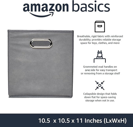 Amazon Basics Collapsible Cube Storage Organizer Bins, 6-Pack, 10.5 x 10.5 x 11 inches, Light Grey