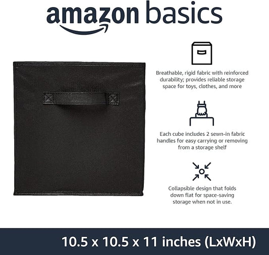 Amazon Basics Collapsible Fabric Storage Cubes Organizer with Handles,Sturdy,Black,10.5-x-10.5-x-11-inch,6 Count (Pack of 5)