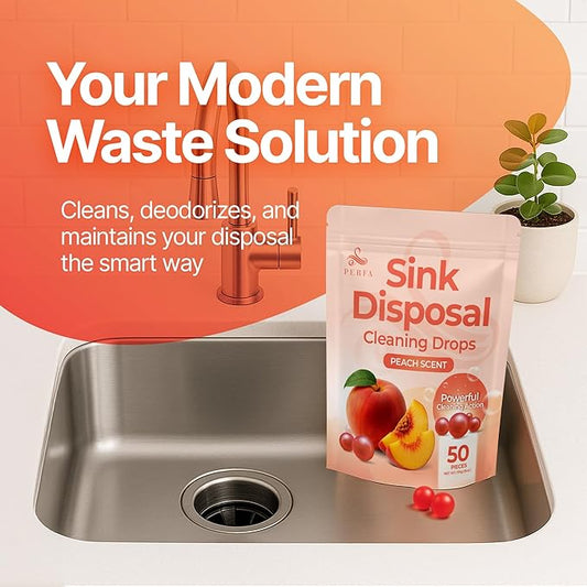 Sink Garbage Disposal Cleaner 50-Count | Easy-Use Garbage Can Odor Eliminator with Powerful Cleaning Action | Peach Scented Sink Drain Cleaner and Sink Smell Eliminator | Quality Home Living by Perfa