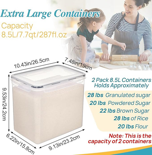 Vtopmart 8.5L 2 Pack Extra Large Flour Sugar Storage Containers for 20lbs flour, Airtight Kitchen Pantry Organization Canisters with Lids for Bulk food, Rice, Baking Supplies, BPA Free, Black
