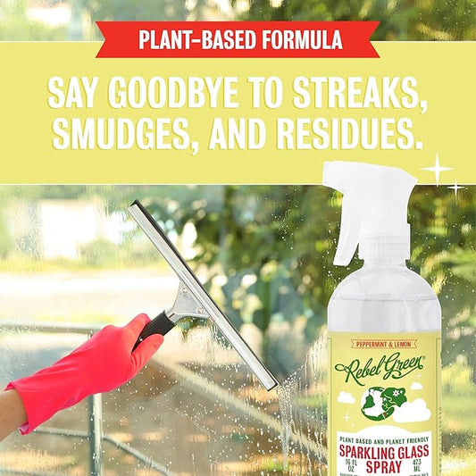 Rebel Green Sparkling Glass Spray - Streak-Free Natural Glass Cleaner for Windows, Mirrors, and Surfaces - Peppermint & Lemon Scent - 80 oz - 2 Pack