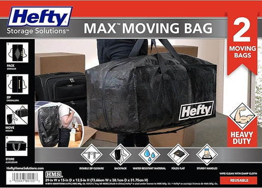 Hefty Moving Bag – Extra Large Double Zipper Backpack – Heavy Duty, Water Resistant, Foldable, Reusable Packing & Storage Tote with Shoulder Straps for Garage and Basement Organization – 2 Pack