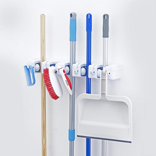 Superio Mop and Broom Holder Wall Mount White (2 Pack) Cleaning Tools Wall Organizer, 5 Rack Slots and 6 Hooks for Kitchen Closet Garage Garden and Office.