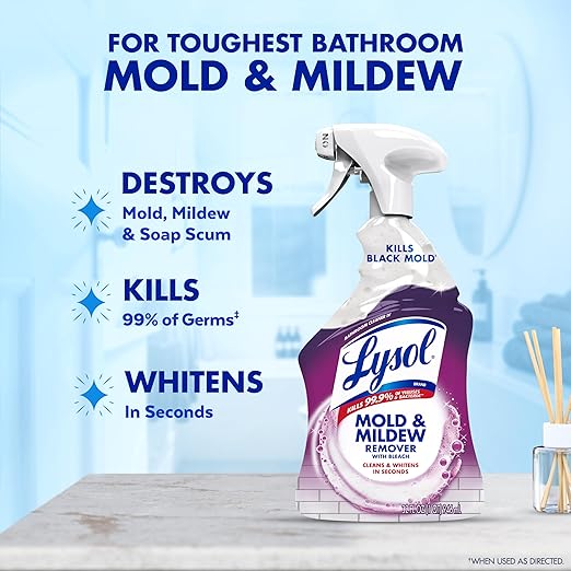 Lysol Mold & Mildew Remover Spray, Bathroom & Shower Cleaner, Disinfectant Spray, Stain Remover with Bleach, Tough on Black Mold, Multipurpose Cleaner for Home and Kitchen, 32oz