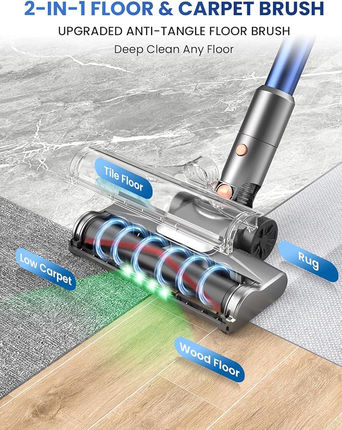 Dzaki Cordless Vacuum Cleaner, Stick Vacuum with Smart LED Display, 50KPA 55Mins Vacuum Cleaners for Home, Powerful Suction, Anti-Tangled Lightweight Rechargeable Vac for Pet Hair, Carpet