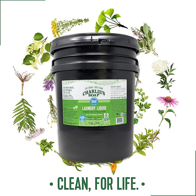 Charlie’s Soap Laundry Liquid Refill (800 Loads, 5 Gallon - 640 Fl Oz) Natural Deep Cleaning Hypoallergenic Laundry Detergent – Biodegradable Eco Friendly Sustainable Laundry Liquid
