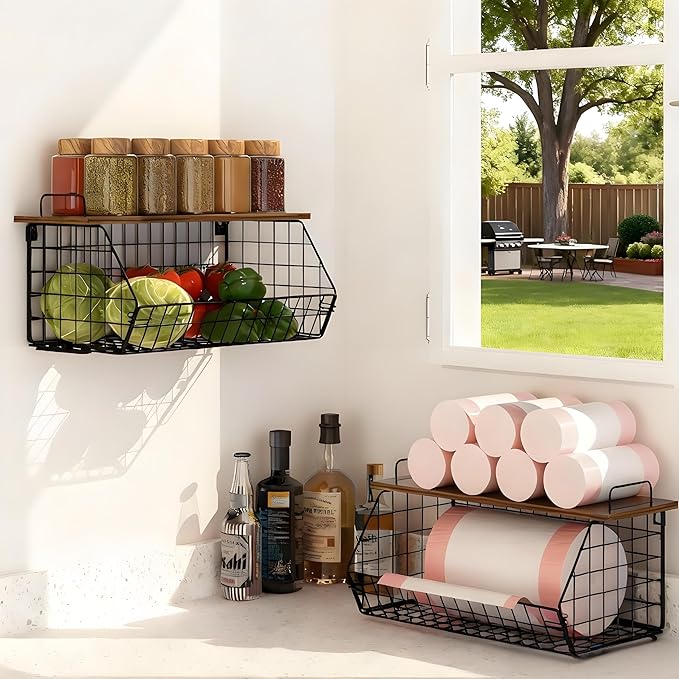 2 Pack Extra Large Pantry Organizers and Storage Stackable Trash Bag Holder,Laundry Room Organizers Basket with Wood Top,Wall Mount Large Standard Garbage Bag Dispenser,Under Sink Organization