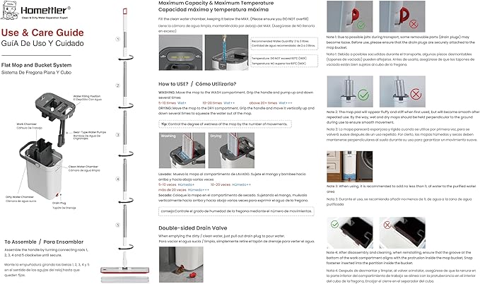 Dual-Mop and Bucket Set, 3-Tank Flat Mop and Bucket System with Separate Dirty and Clean Water, Wall Cleaner Mop, Flat Mops for Floor Cleaning with 6 Microfiber Pads