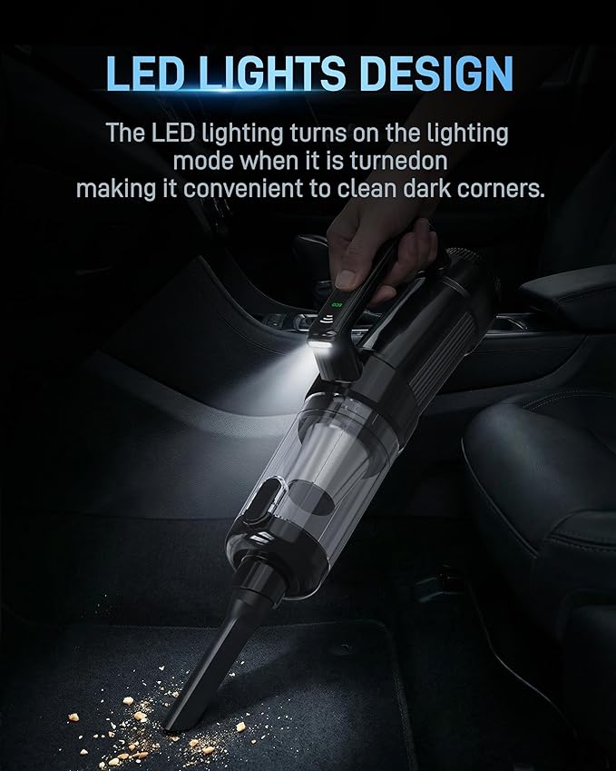 Handheld Vacuum Cordless, 18000PA Strong Suction Car Vacuum Cleaner Portable with Brushless Motor & LED Light, Hand Vacuum with Multi-Nozzles & Washable Filter for Home Office, Car, Pets
