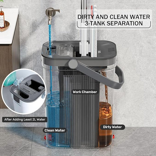 Mop and Bucket Set, Flat Mop and Bucket System with Separate Dirty and Clean Water, 3-Compartment Wall Cleaner Mop, Flat Mops for Floor Cleaning with 4 Microfiber Pads