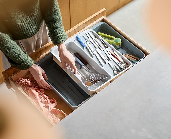 Joseph Joseph DrawerStore Expanding Tiered Flatware Cutlery, Utensil, and Gadget Tray, Expandable In-Drawer Kitchen Space-Saving Organizer, Recycled Plastic