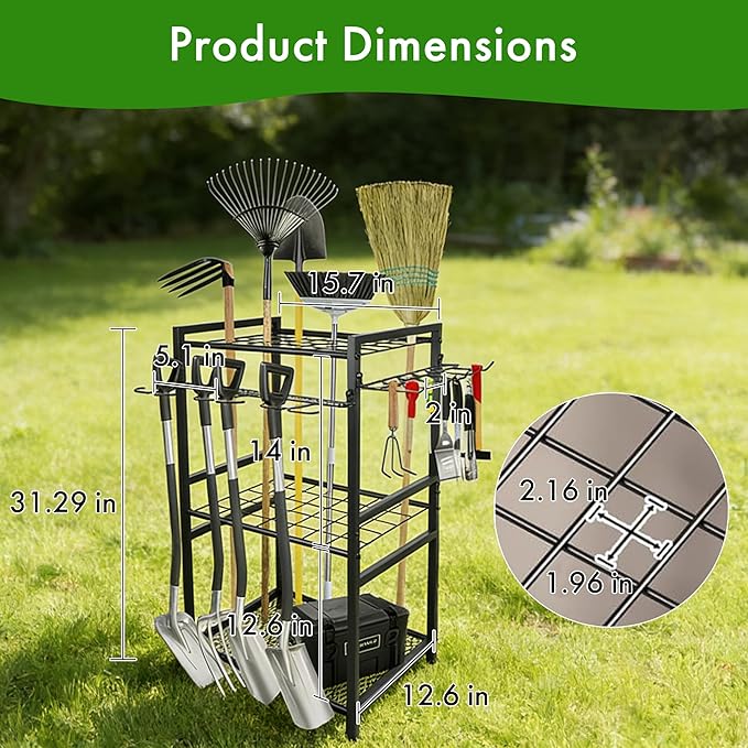 Garden Tool Organizer - 70-Hole Garage Storage Rack with Adjustable Feet & T-Handle Hooks, Broom/Mop Holder for Yard, Shed, Multi-Scene Use, No-Tool Assembly,Rack for Garage Organization Black