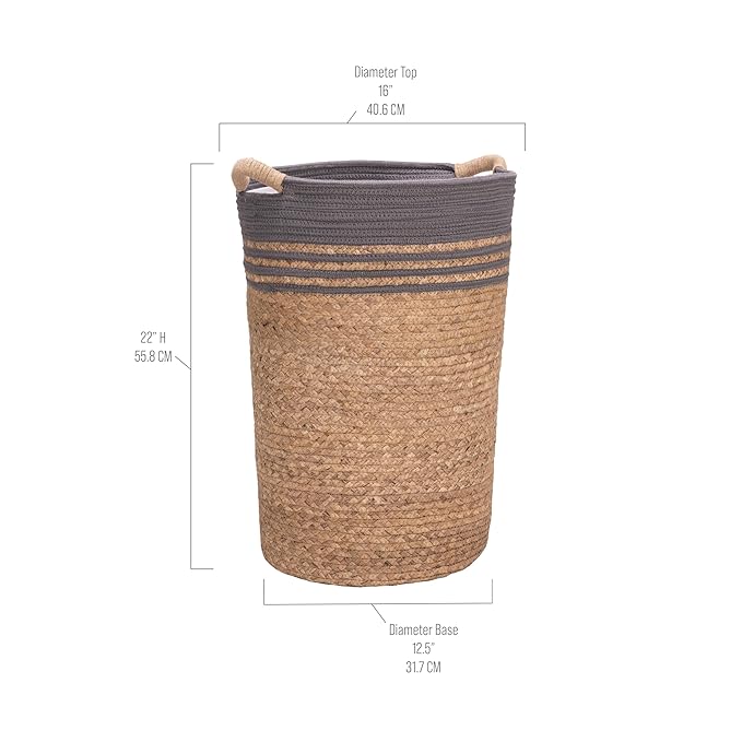 Seville Classics Premium Natural Handwoven Portable Laundry Bin Basket with Carrying Handles, Household Storage for Clothes, Linens, Sheets, Hamper with Liner, Gray