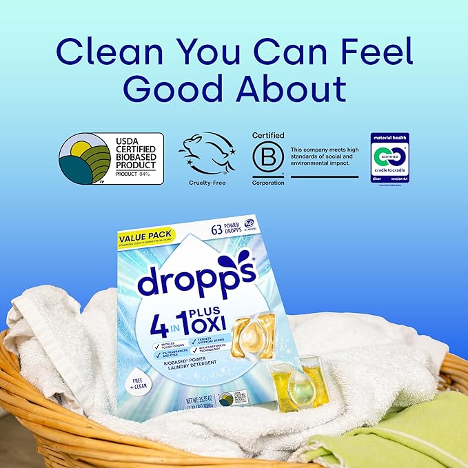 Dropps 4-in-1 Plus Oxi Free & Clear Power Biobased Laundry Detergent Pods, Unscented (63 Pods) - Chlorine-Free Bleach Alternative Biobased Laundry Whitener, Stain & Odor Remover