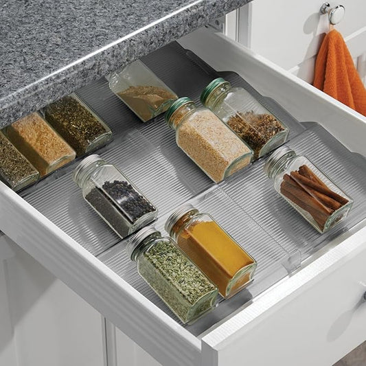 mDesign Expandable Plastic Deluxe Spice Rack, Drawer Organizer for Kitchen Cabinet Drawers, 3 Tier Slanted for Spice Jars, Food Seasoning Bottle Storage, Ligne Collection - Smoke Gray
