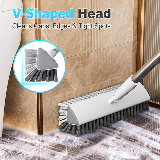 Floor Scrub Brush with Long Handle, Heavy-Duty Stiff Bristles, V-Shape Floor Scrubber Brush for Tile, Concrete & Grout Lines, Stand-Up Cleaning for Garage, Bathroom, Deck & Patio