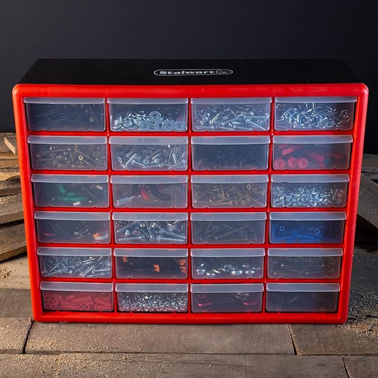 Set of Two Storage Bins with Drawers – Pair of 44 and 24 Drawer Desktop or Wall Mount Plastic Tool Organizers for Hardware or Crafts by Stalwart (Red)