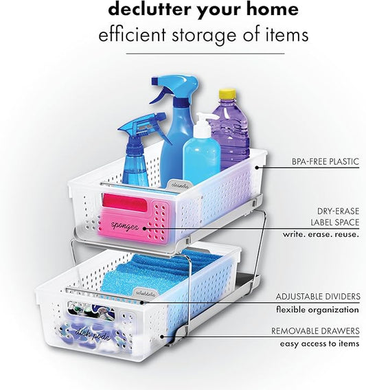 madesmart 2 Tier Bath Organizer,Undersink Storage with Sliding Drawers,for Cleaning Supplies,Pantry,Sponges,Bottles&Kitchen Essentials,Adjustable Dividers&Pull Out Sliding Baskets,Frost,(Pack of 2)