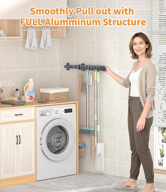 Pull Out Broom Holder With Adjustable Row Sliding Hook, Multifunctional Slide Broom And Mop Storage/Organizer Garage Organization Hooks, for Closet Laundry Garage - Dark grey - 36cm/14.17in