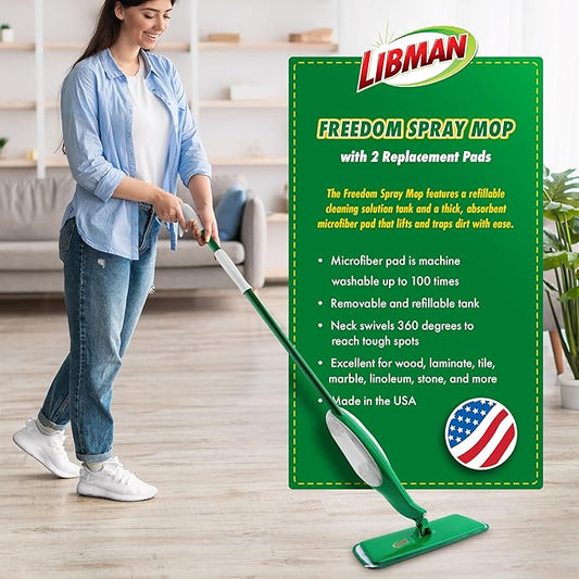 Libman Freedom Spray Mop Kit, Microfiber Wet Mops for Floor Cleaning, Hardwood, Laminate, Tile Cleaner, Household Tool, 24 Oz Solution Tank, Two Extra Replacement Refill Heads Included