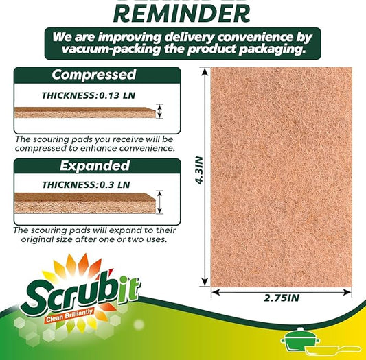 SCRUBIT Biodegradable Natural Scouring Pad Eco Friendly Scrub Pads for Kitchen Cleaning, Dishes, and Pots - Non-Scratch Compostable Coconut Walnut Scrubbers - 100% Natural Sisal Fibers (100)