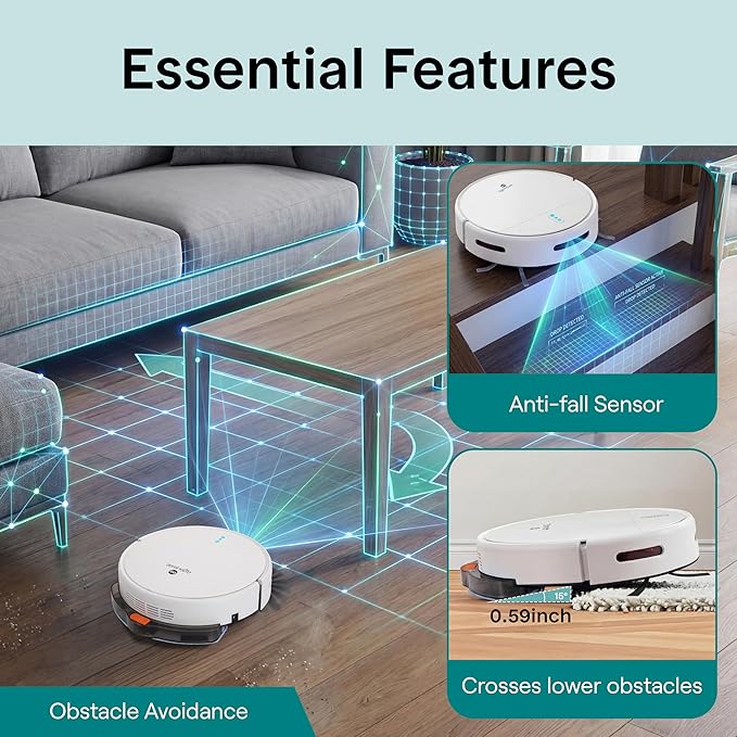 SereneLife Automatic Robot Vacuum Cleaner and Mop Combo, App Control, 3 Cleaning Modes, Smart Anti-Fall Sensors, Self-Charging, High Suction Ideal for Pet Hair, Carpet and Hard Floors, White