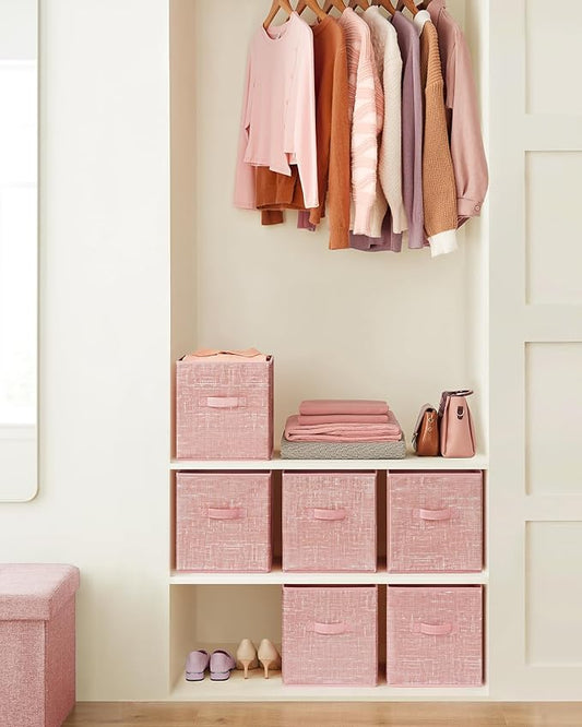SONGMICS Storage Cubes, 11-Inch Non-Woven Fabric Bins with Double Handles, Set of 6, Closet Organizers for Shelves, Foldable, for Clothes, Jelly Pink UROB026R01