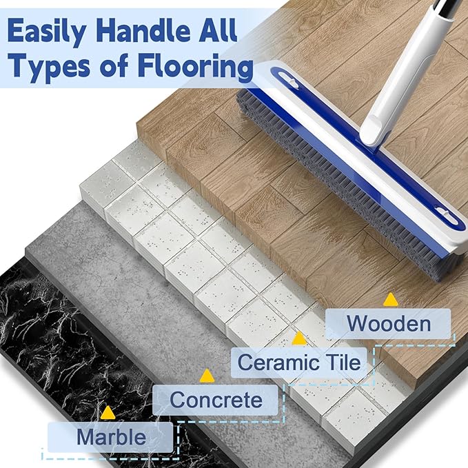 4-in-1 Floor Scrub Brush with Long Handle V-Shaped Crevice Brush Floor Scrubber Mop with Squeegee and Tweezer for Cleaning Gap Tile Bathroom Kitchen Patio Deck Garage