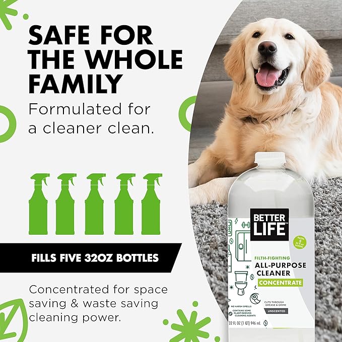 Better Life All Purpose Cleaner Concentrate- Multipurpose Home and Kitchen Cleaner for Glass, Countertops, Appliances, Upholstery & More - 32oz Unscented Concentrate