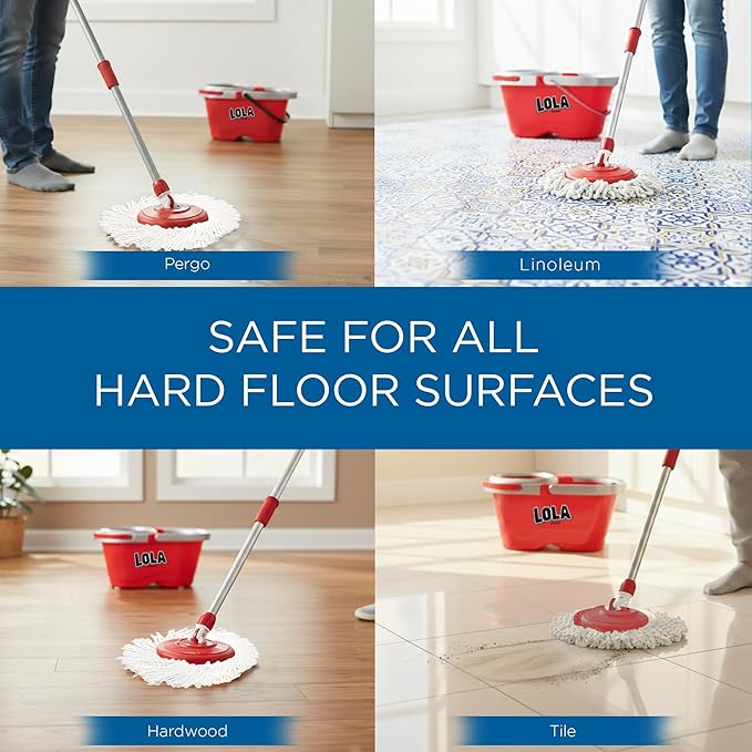 LOLA Revolution Deluxe Spin Mop & Bucket, w/ 3 Microfiber Washable Heads, 1 Pair Microfiber Mop Slippers, Fast Dry, Deep Clean Floors & Hands-Free Wringer, Easy Spin Dry, NO EXHAUSTIVE Foot Pedal