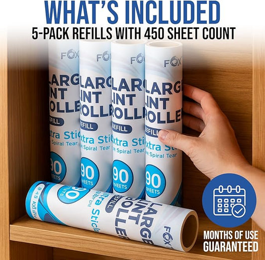 Lint Roller Refills – 9.45 Inch Wide – Lint Rollers for Pet Hair Extra Sticky Refills – Ideal for Furniture, Clothes, Bedding - 5 Pack 450 Sheets