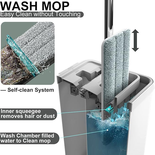 Mop and Bucket with Wringer Set, Flat Floor Mop and Bucket, with 2 Mops and 4 Microfiber Cleaning Cloths for Floor Cleaning, Wet and Dry Use