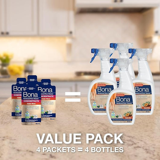 Bona Hardwood Floor Cleaner Concentrate, Cedar Wood Scent, 1 fl oz, Pack of 4 (Makes 128 fl oz) - Residue-Free Floor Cleaning Concentrate Spray Mop and Spray Bottle Refill - For Wood Floors