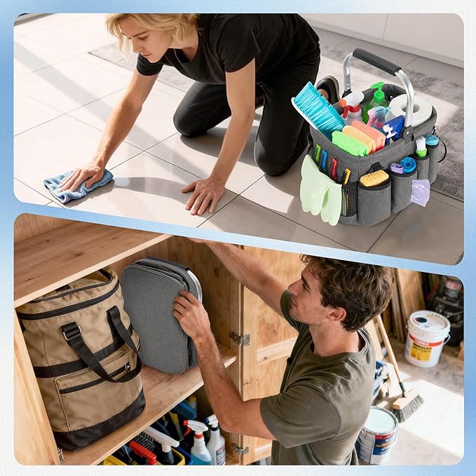 Cleaning Caddy Organizer with Handle, Cleaning Tote Bag with Multiple Pockets for Cleaning Supplies, Products Storage, Housekeepers, Car Cleaning, Grey