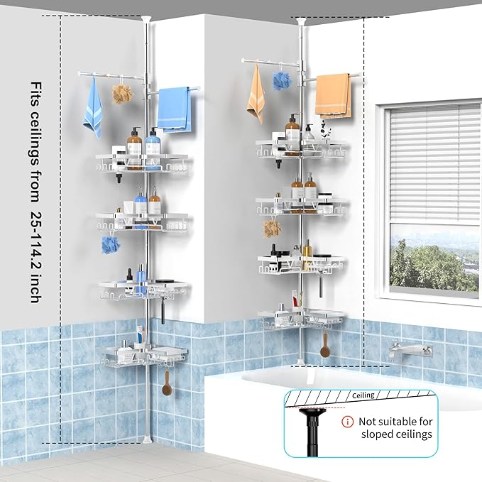 KEGII Shower Caddy Tension Pole with 2 Towel Bars, Adjustable Corner Bathroom Organizer, Rustproof Bathtub Storage Shelves for Shampoo, 25–114.2 Inch Shower Rack for Renters & Family