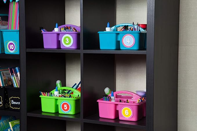 Teacher Created Resources Assorted Bright Colors Portable Plastic Storage Caddy 6-Pack for Classrooms, Kids Room, and Office Organization, (Lime, Orange, Pink, Purple, Teal, and Yellow) 3 Compartment
