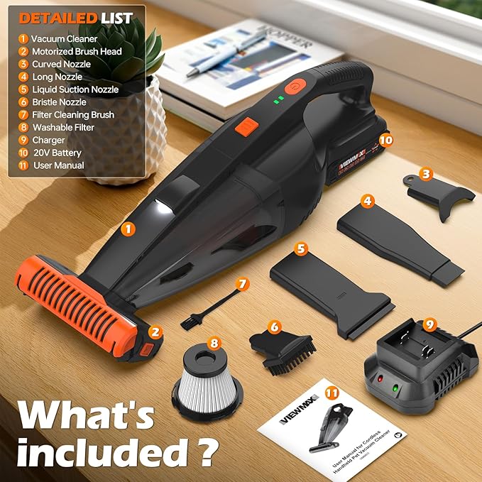 Pet Hair Vacuum, Handheld Vacuum Cordless Rechargeable with LED, 10000Pa Suction, 20V Lightweight Portable Hand Vacuum with Multi-Nozzles & Washable HEPA Filter for Pet Hair, Car and Home