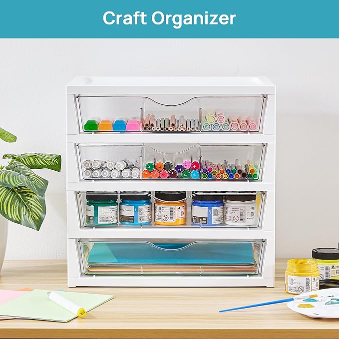 Vtopmart Clear Desk Organizer, 4-Tier Assemble Desktop File Organizer with Drawers, Office Desk Organization for Office Supplies