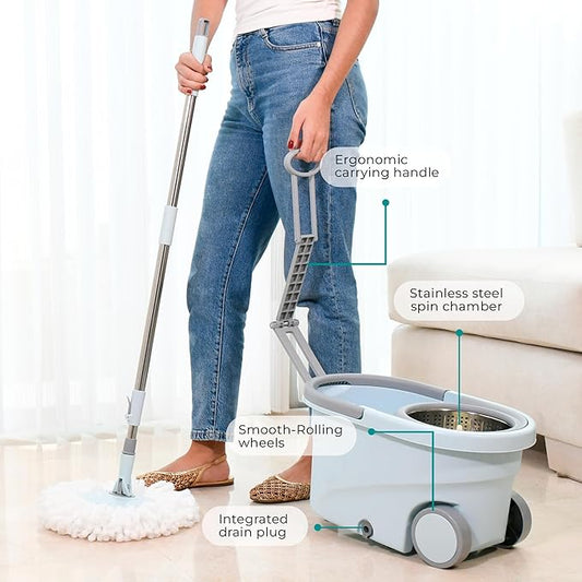Spin Mop and Bucket with Wheels Wringer 360 Microfiber Mop with Stainless Steel Handle Self Wringing Cleaning System Bucket with Drain for Tile Hardwood Laminate Floors Includes 6 Mop Head Refills