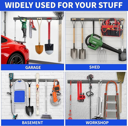 Garage Tool Organizer Wall Mount, 48inch Heavy Duty Garden Tool organizer Storage System, Easy Install With 6 Adjustable Bilayer Hooks, For Garage, Basement, Shed, Workshop(Black)