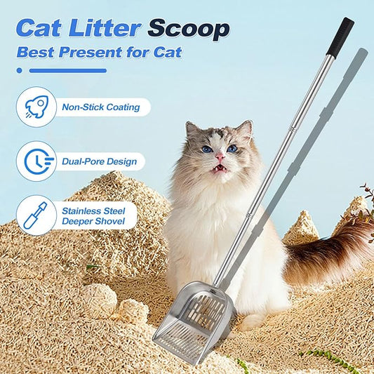 Cat Litter Scoop Metal Mesh, Kitty Scooper for Litter Box Cleaning Speed Sifting, Chicken Poop Scooper for Sand, Litter Sifter Shovel, Dog Coop Pooper Scooper -Stainless Steel Long Handle